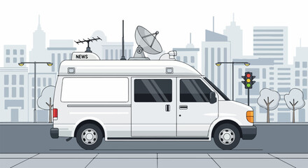 News van parked on urban street with city skyline backdrop, equipped with satellite dish and broadcasting antenna. News van symbolizes local media coverage for community announcements and events.