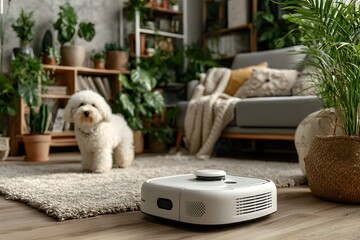 a dog is sitting on the floor next to a small white robot, samsung smartthings,