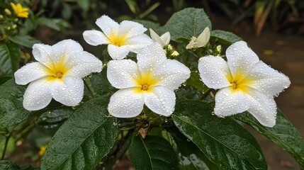 Fototapeta premium Closeup Dew Drops on White Yellow Center Flowers