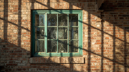 Obraz premium A weathered brick wall with a broken pane window, illuminated by dramatic shadows cast by an unseen structure, creating an atmosphere of decay and neglect.