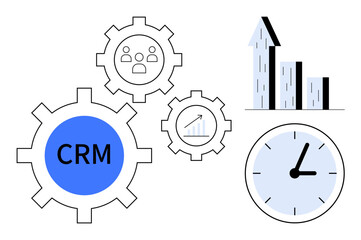 Gears labeled CRM, chart with upward arrow, clock, and user icon highlight time management, team collaboration, customer focus, business growth, data organization process optimization. Ideal