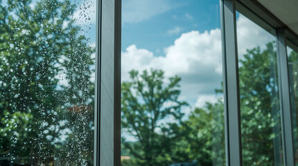 Raindrops on a windowpane offer a blurry, impressionistic view of green trees and a blue sky with fluffy white clouds.