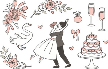 Whimsical wedding elements with dancing couple and cake