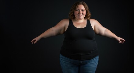 Embracing Self-Confidence: A Portrait of a cheerful woman radiating confidence, dressed casually, arms outstretched as she embraces her body in a studio setting.
