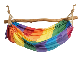 Rainbow hammock suspended from a wooden bar