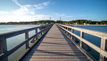 Wooden pier extends to horizon over tranquil water