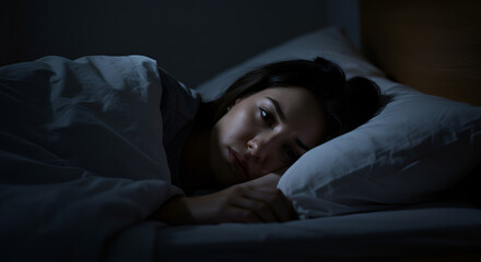 Insomnia striking a young woman in bed during a dark and restless night