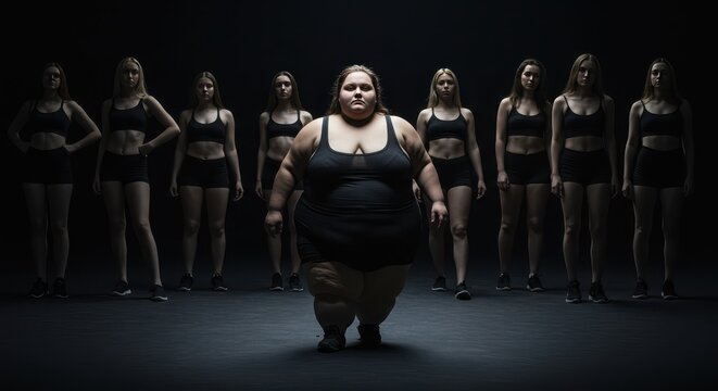 Strength in Every Shape: A powerfully composed image portrays body diversity, with a confident person in the forefront, flanked by a group of individuals, exuding resilience.