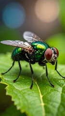 Fototapeta premium Close-up of a vibrant green fly on a leaf (2)