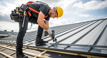 Professional Rooftop Carpenter Drilling on a Modern Metal Roof Installation Project