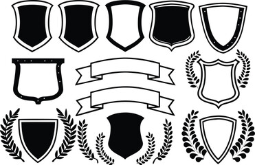 Collection of shield and banner emblems with laurel wreaths