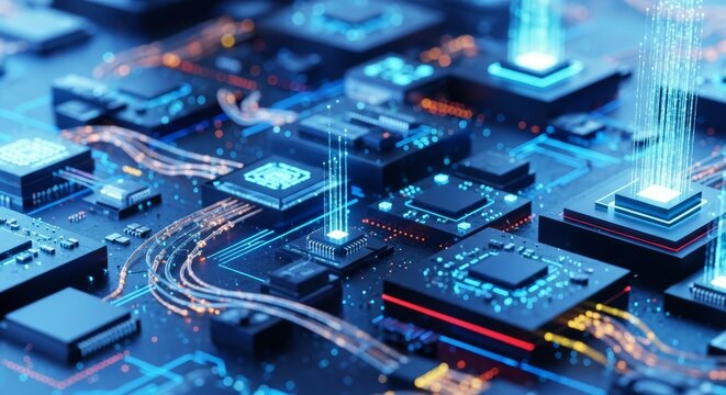 Close up view of a circuit board and computer chips. Digital data transfer across a microchip, AI concept. Modern technology.