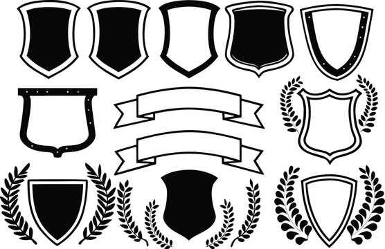 Collection of shield and banner emblems with laurel wreaths