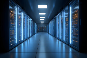 Fototapeta premium Modern data center with illuminated server racks and glowing blue lights.