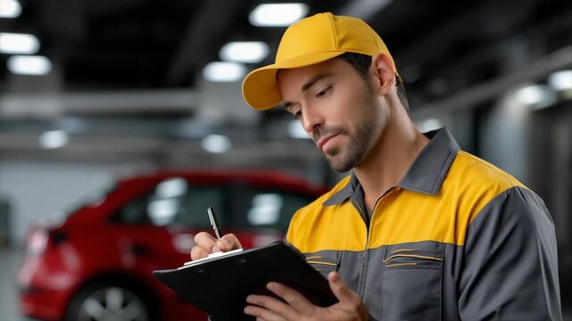 Mechanic inspecting vehicle details in a garage while jotting down notes and checking the condition of a car