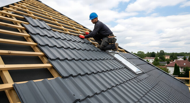 Skilled rooftop carpenter installing dark grey metal roof tiles on a new house construction, showcasing residential roof renovation work and building industry craftsmanship. - Powered by Adobe