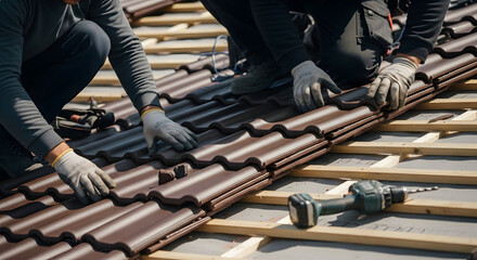 Skilled rooftop carpenter diligently installing brown roof tiles on a residential building, showcasing professional construction and home improvement.