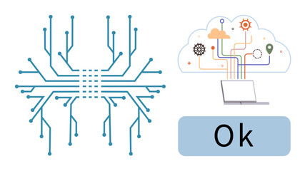Circuit board pattern merging with a cloud and laptop, signifying technology integration, data exchange, and online processes. Ideal for AI, cloud solutions, tech innovation, networking, digital