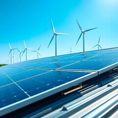 Solar Panels with Wind Turbines Under Clear Blue Sky