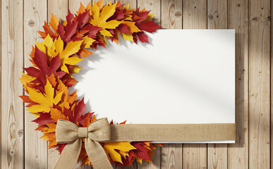 Obraz premium Poster Mockup On Wood Wall With Wreath Of Fall Leaves And Burlap Ribbon