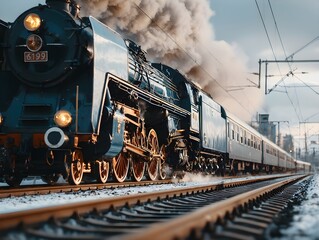 Naklejka premium a train on the tracks, steam train, locomotive, brass and steam technology, steam engine,