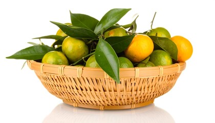 Fresh mandarins in a light brown woven basket