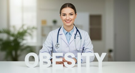 Expert Medical Guidance: A female doctor, embodies health expertise as she sits at a table with the word 'OBESITY' artfully arranged. Her demeanor conveys a blend of professionalism and accessibility.
