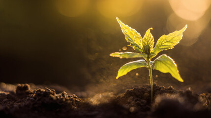 Young sapling emerging from rich soil, sunlight filtering through leaves in a detailed macro view.