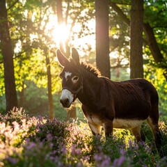 Donkey in a sunlit forest
