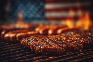 Juicy steaks sizzle on a grill, the flames rising against a backdrop of the American flag. This summer barbecue atmosphere invites appetites and camaraderie among friends and family.