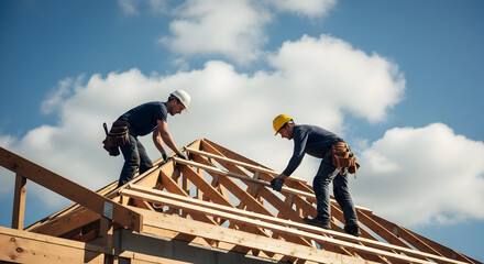 Two Rooftop Carpenters Constructing Wooden Roof Frame Against Blue Sky