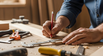 Fototapeta premium Detailed Woodwork by a Rooftop Carpenter: Precision Measurement for Construction