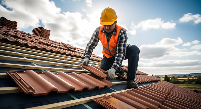 Skilled Rooftop Carpenter Installing Terracotta Roof Tiles on a Sunny Day