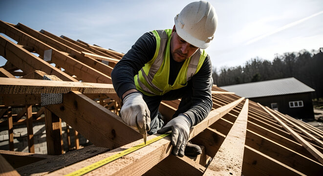 A focused rooftop carpenter accurately measures a wooden beam on a new house construction site, ensuring precision and quality work.