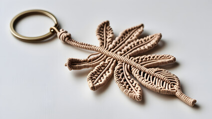 Close-up of intricately woven macrame leaf keychain with detailed veins and curved stem, natural earthy tones, boho handmade accessory for gifts, decor, and fashion, isolated on clean white background