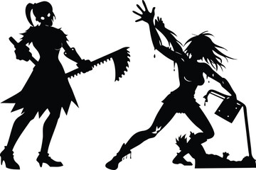 Silhouette vector illustration of zombie girls for halloween on black and white background