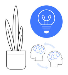 Potted plant, bulb symbolizing ideas, two heads sharing thoughts with arrows. Ideal for creativity, learning, innovation, communication, collaboration, productivity teamwork simple landing page