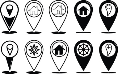 Collection of diverse map pin icons with various symbols