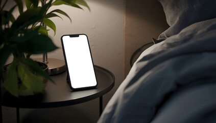 Phone with a blank screen on a bedside table next to a plant and bed, in a dimly lit room.