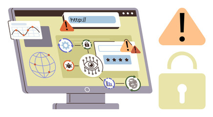 Computer screen with warning alerts, virus icons, and lock symbol representing online security challenges. Ideal for cybersecurity, digital safety, data protection, hacking, threats, awareness