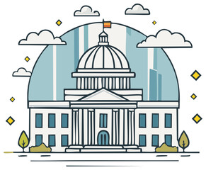 Illustrated government building with dome and columns. State capitol or courthouse vector line art icon.