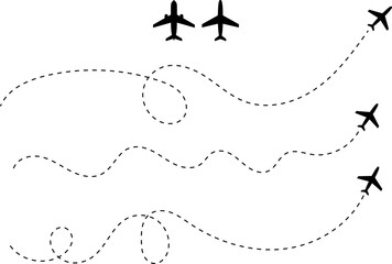 Airplane with dotted line route. flying plane with twisted, curved and straight dashed trace path., airplane in the sky
