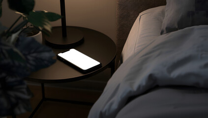 A smartphone rests illuminated on a bedside table next to a bed, casting a soft glow in the dim room.
