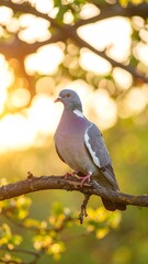 Dove perched on branch in spring sunlight