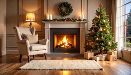 Cozy Christmas living room scene by fireplace
