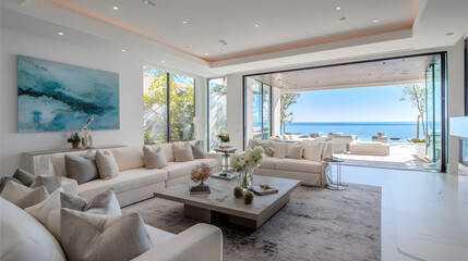 luxury coastal living, luxury waterfront modern home with panoramic ocean views, plush furnishings, and a designer living room perfect for sophisticated coastal living