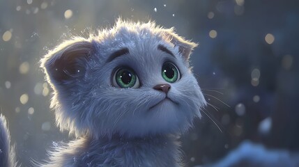 Adorable Fluffy Kitten in Winter Snow Digital Art