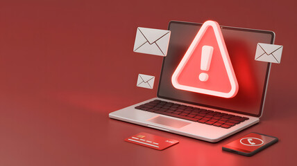 Urgent alert warns of scam emails and credit card fraud on laptop