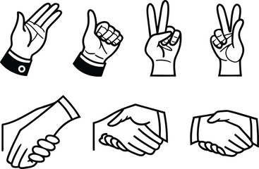 Collection of hand gestures and handshakes in outline style