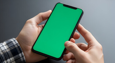 Person Holding Black Smartphone with Vivid Green Screen Against Gray Background
